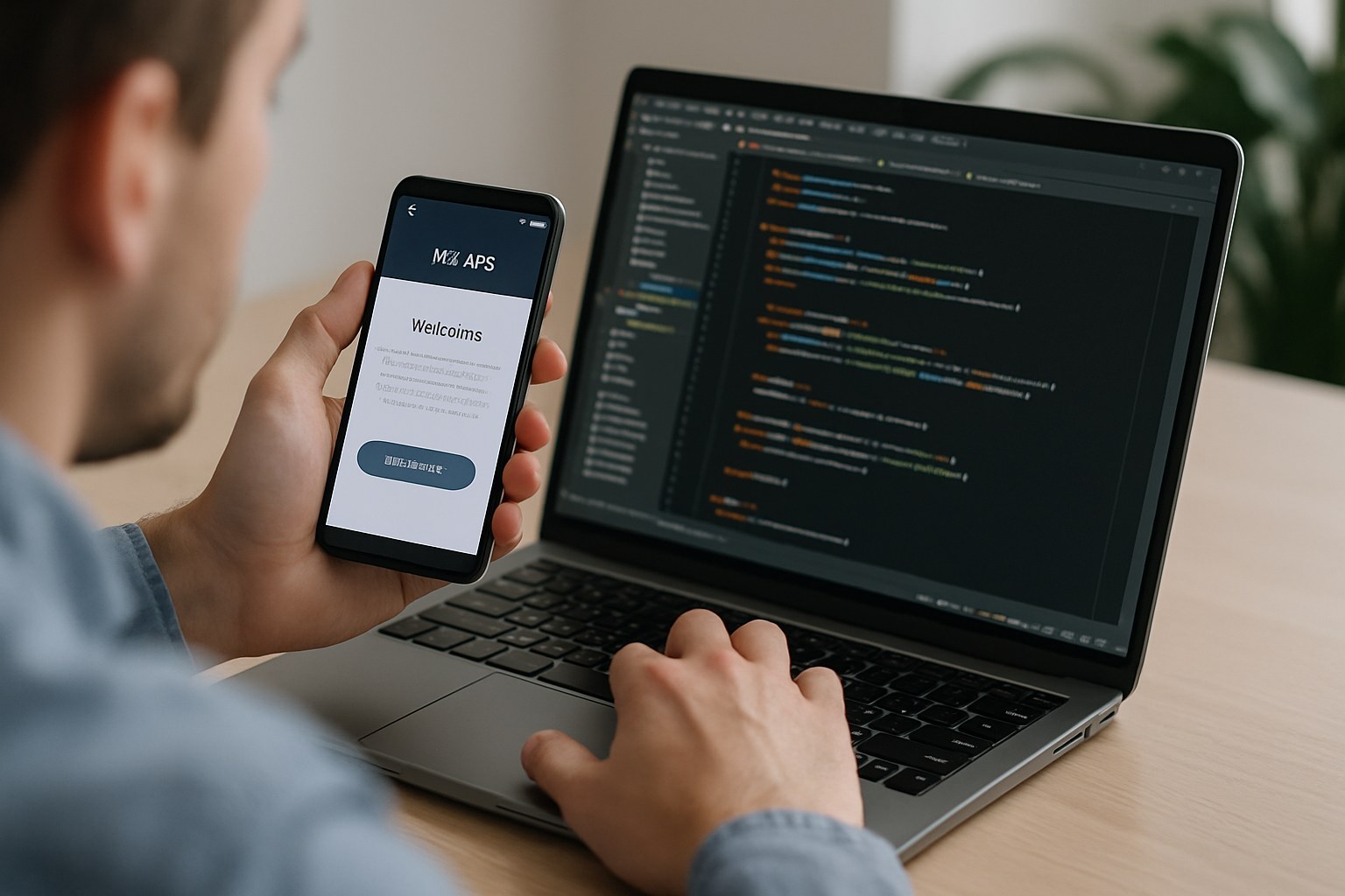 An Android developer comparing the same app build running on several different handsets