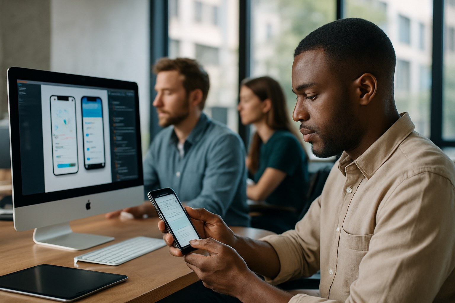Mobile developers reviewing an app build on a phone and laptop