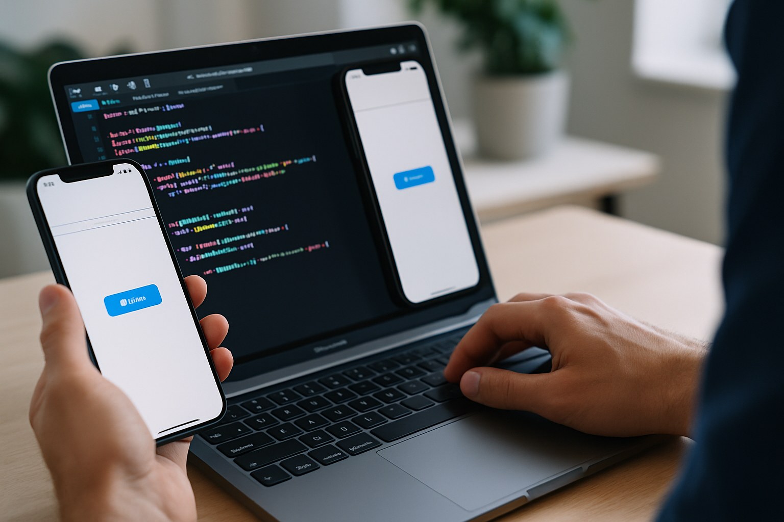 An iOS developer stepping through a SwiftUI screen on an iPhone connected to Xcode